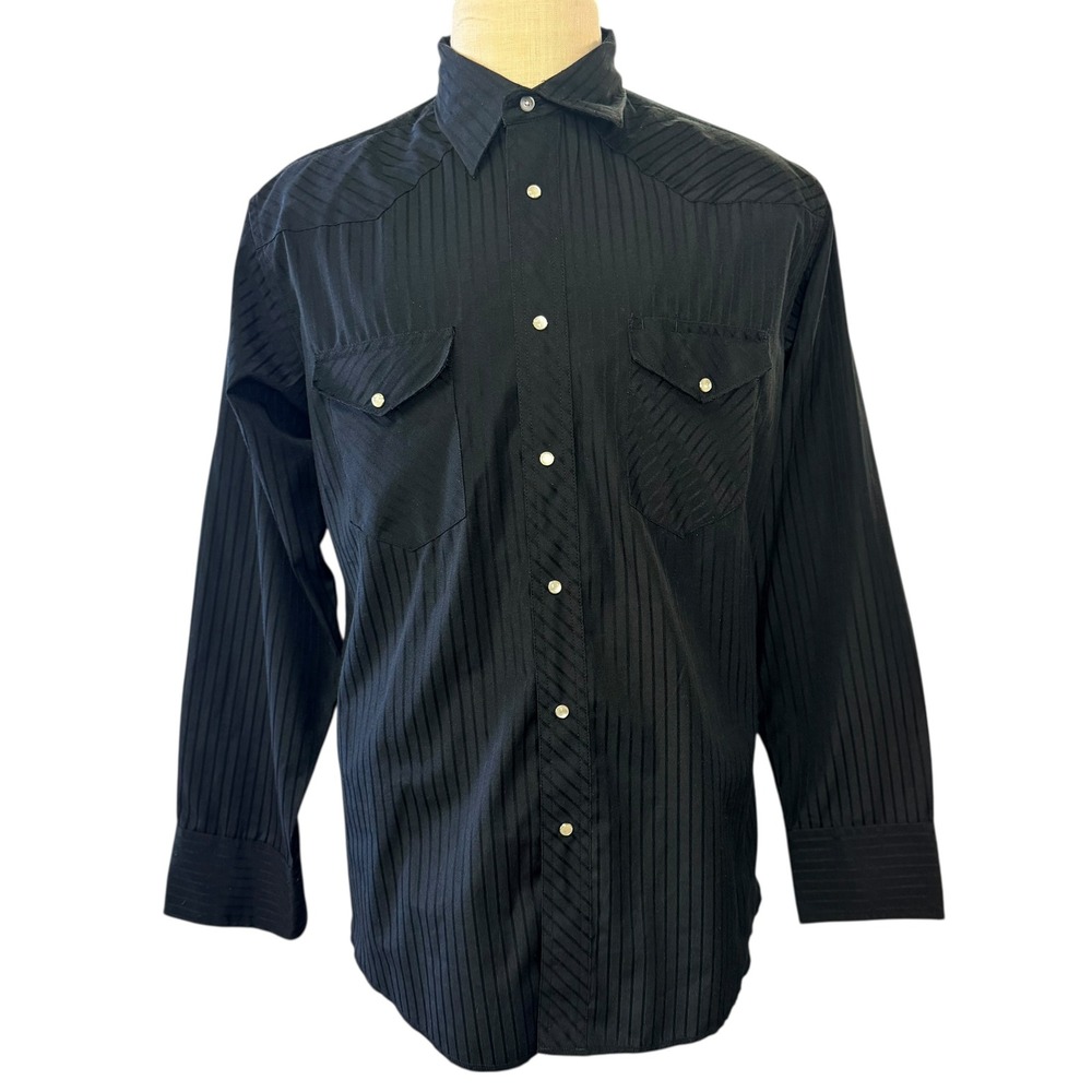 Wrangler‎ Western Shirt L Black Snap Button Striped Cowboy Rodeo Chic Darkwear